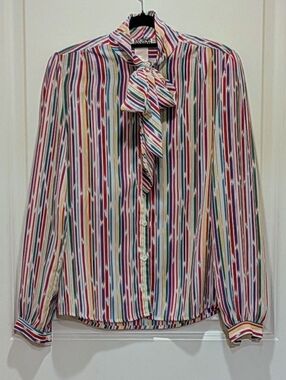 EUC 80s Regina Porter L Vintage Rainbow Stripe Pussybow Blouse